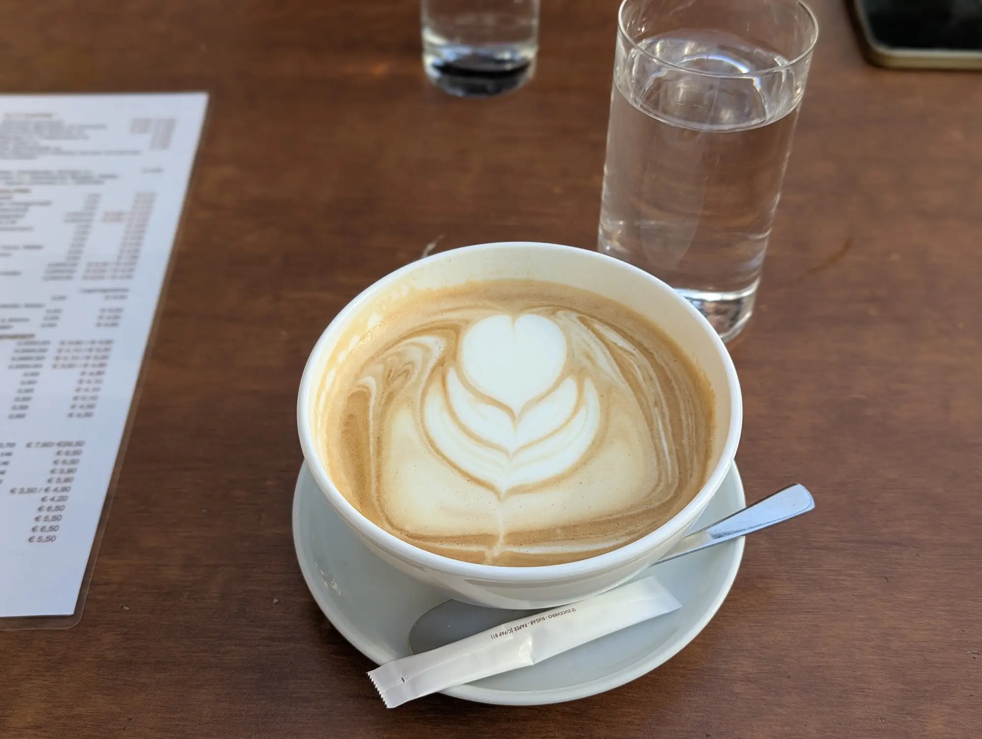 Cappuccino mit Latte Art auf Untertasse mit Löffel und Wasserglas